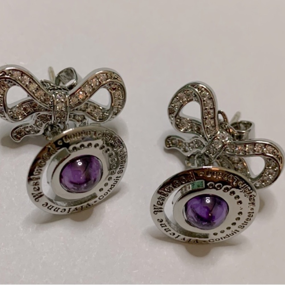 silver tone signature Orb Drop of crystal Bow small earrings - Picture 4 of 10